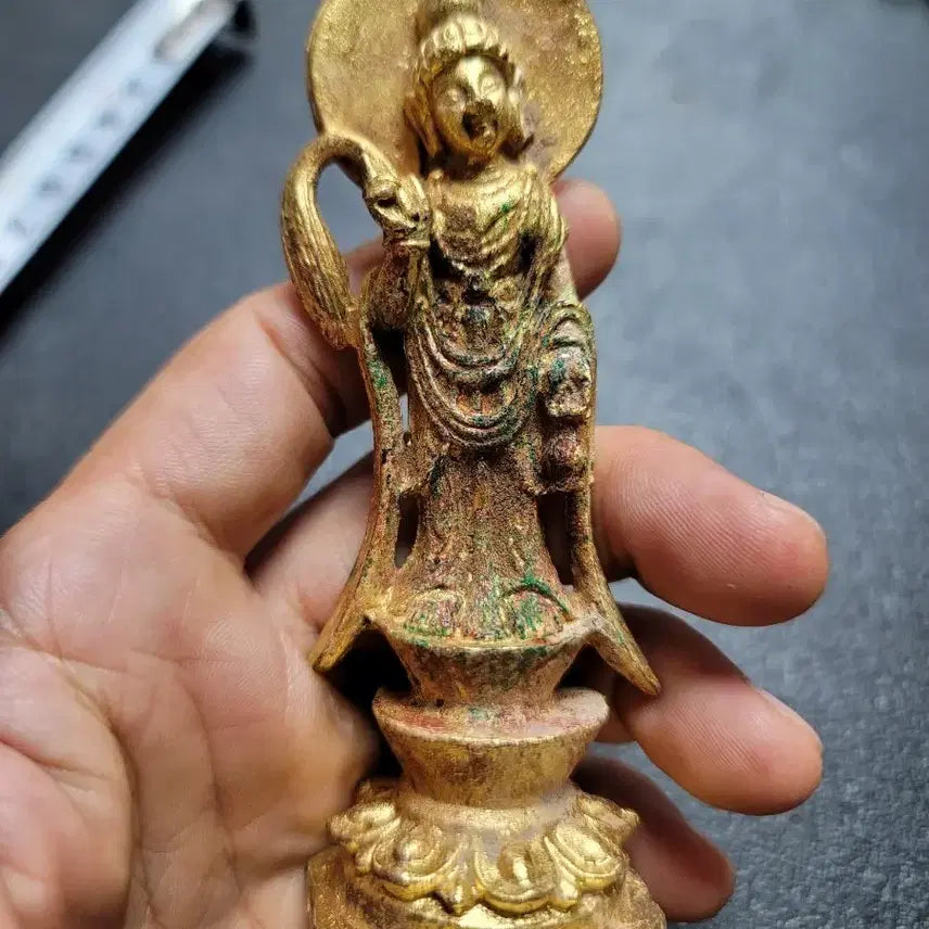 [BUNJANG] Antique Gilt Bronze Standing Buddha Statue (Goryeo/Silla Period) / 215번.불상.금동불.입상불.고려불상.신라불상.호신불.부처님.출토.박물관.유물