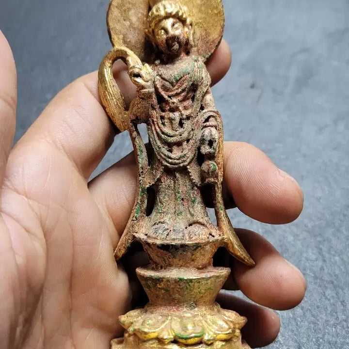 [BUNJANG] Antique Korean Gilt Bronze Standing Buddha Statue / 217번.불상.금동불.입상불.고려불상.신라불상.호신불.부처님.출토.박물관.유물
