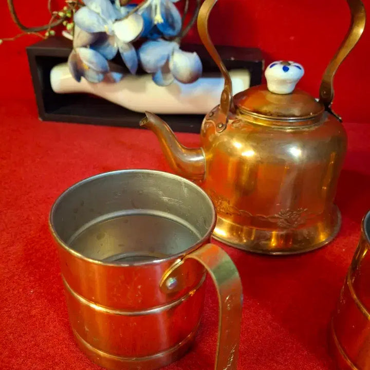 [BUNJANG] Vintage Copper Teapot and Cup Set with Blue Pattern / 빈티지 주전자와 컵 셋트