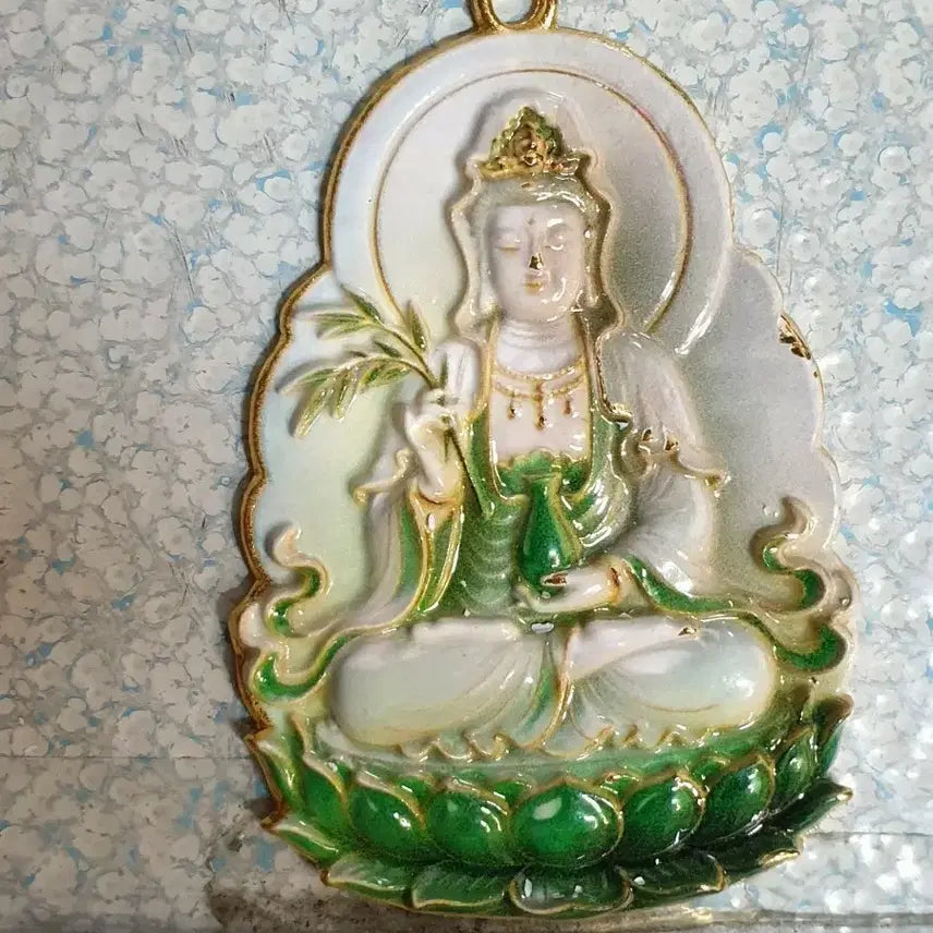 [BUNJANG] Double Dragon Celadon Necklace Pendant with Enamel and Coin Accents / ㅊ18.관세음.신선.보살.부처님.쌍용.목걸이.펜던트.호신불.칠보장식.금화.은화.중국동전