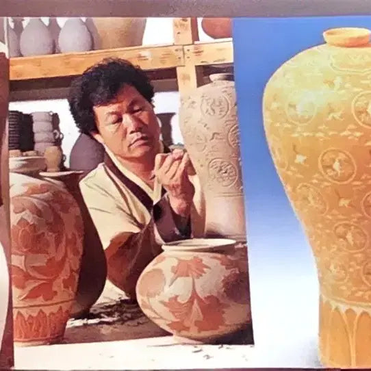 [BUNJANG] Geonhyeongyo Imakdong Celadon Cloud Crane Motif "Hyo Siggi" Set with Wooden Box and Artisan Materials / 강진 건형요 이막동 청자 운학문 효식기 세트/전용 목함작가자료 포함