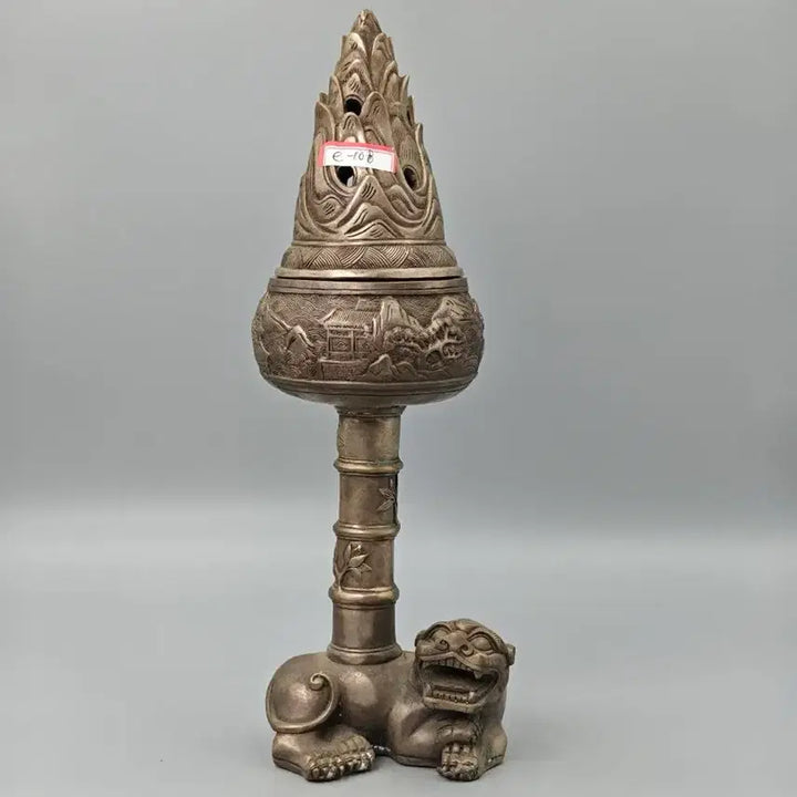 [BUNJANG] Chinese White Bronze Archaistic Censer with Landscape Motif, Lion Base, Bamboo Pillar, and Pagoda-shaped Pierced Lid / 백동제 산수문 산형 투각개 사자형 박산 향로 중국 골동품 고미술품 수집품