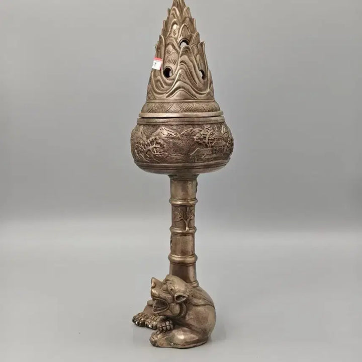 [BUNJANG] Chinese White Bronze Archaistic Censer with Landscape Motif, Lion Base, Bamboo Pillar, and Pagoda-shaped Pierced Lid / 백동제 산수문 산형 투각개 사자형 박산 향로 중국 골동품 고미술품 수집품