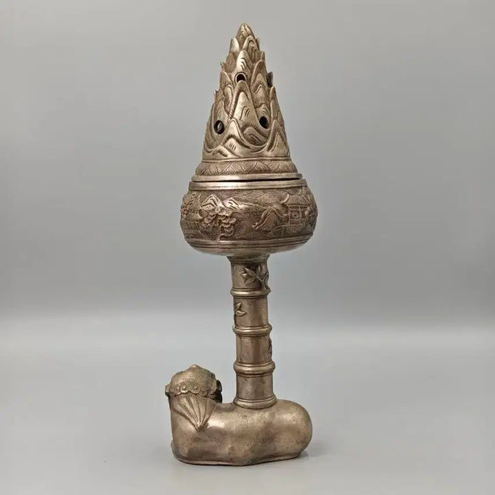 [BUNJANG] Chinese White Bronze Archaistic Censer with Landscape Motif, Lion Base, Bamboo Pillar, and Pagoda-shaped Pierced Lid / 백동제 산수문 산형 투각개 사자형 박산 향로 중국 골동품 고미술품 수집품
