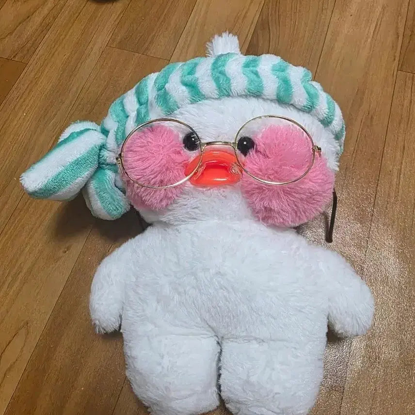 [BUNJANG] White Character Plush Doll with Glasses and Mint Striped Hat / 안경쓴 흰색 캐릭터 봉제인형 민트 줄무늬 모자 인형