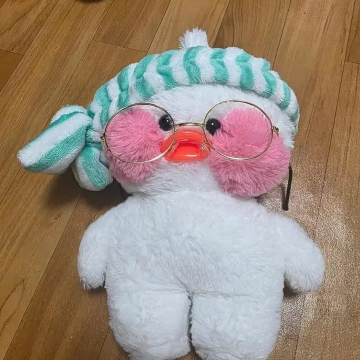 [BUNJANG] White Character Plush Doll with Glasses and Mint Striped Hat / 안경쓴 흰색 캐릭터 봉제인형 민트 줄무늬 모자 인형
