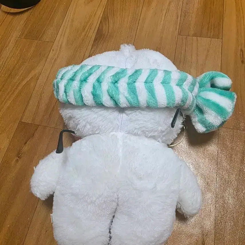 [BUNJANG] White Character Plush Doll with Glasses and Mint Striped Hat / 안경쓴 흰색 캐릭터 봉제인형 민트 줄무늬 모자 인형