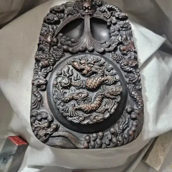[BUNJANG] Large Dragon and Phoenix Stone Carving Inkstone with Round Lid / 대형 용봉문 석재 조각 벼루,원형 뚜껑 포함