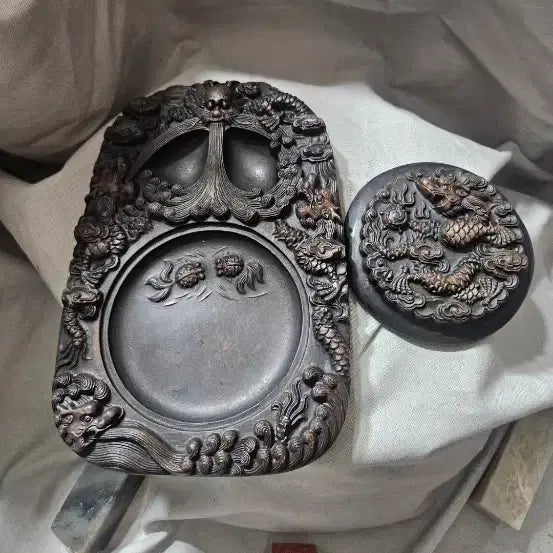 [BUNJANG] Large Dragon and Phoenix Stone Carving Inkstone with Round Lid / 대형 용봉문 석재 조각 벼루,원형 뚜껑 포함
