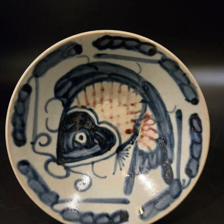 [BUNJANG] White Porcelain Blue and White Iron-Painted Fish-Decorated Stem Cup / 백자 청화철채 어문 고족배