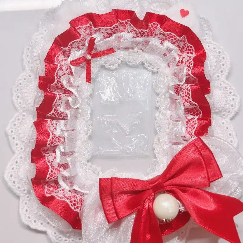 [BUNJANG] White &amp; Red Lace Handmade Photocard Holder Top Loader Decor / 화이트&amp;레드 레이스 탑꾸 탑로더 꾸미기 핸드메이드 포카홀더