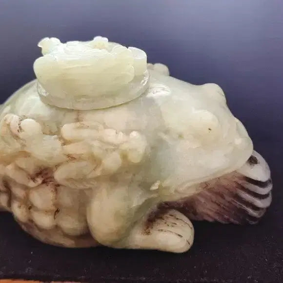 [BUNJANG] Antique Korean Celadon Porcelain Three-legged Toad Jade Seal / 오래된 고옥 삼족 두꺼비 옥 필세  청백옥 복두꺼비 조각품