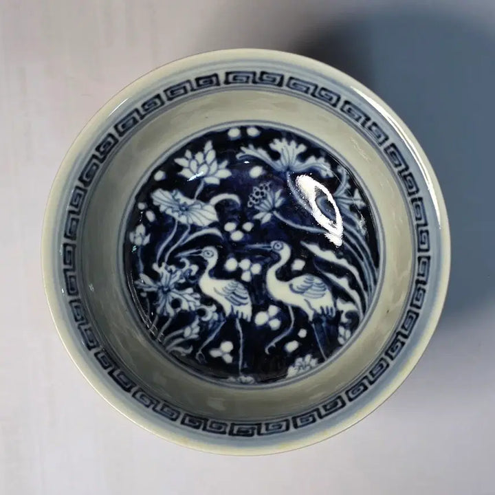 [BUNJANG] Yuan Dynasty Style Celadon Porcelain High-Footed Cup with Dragon and Phoenix Motif / 외황지용문내청화연지조문고족배
