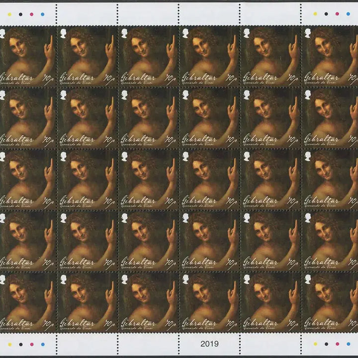 [BUNJANG] Gibraltar Leonardo da Vinci Death 500th Anniversary 4v Complete Sheet (2019) - Mona Lisa, The Last Supper &amp; Art Works / 지브롤타 레오나르도 다빈치 사망500주년 4종완 전지(2019년)[모나리자,최후의만찬등 ART작품]