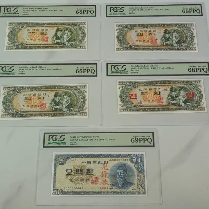 [BUNJANG] Korean Banknotes Historical Printed Notes Collection (5 pcs) - 100 Won &amp; 500 Won / [참고품/교육용] 모자상 100환권(4장) + 세종 500환권(1장)