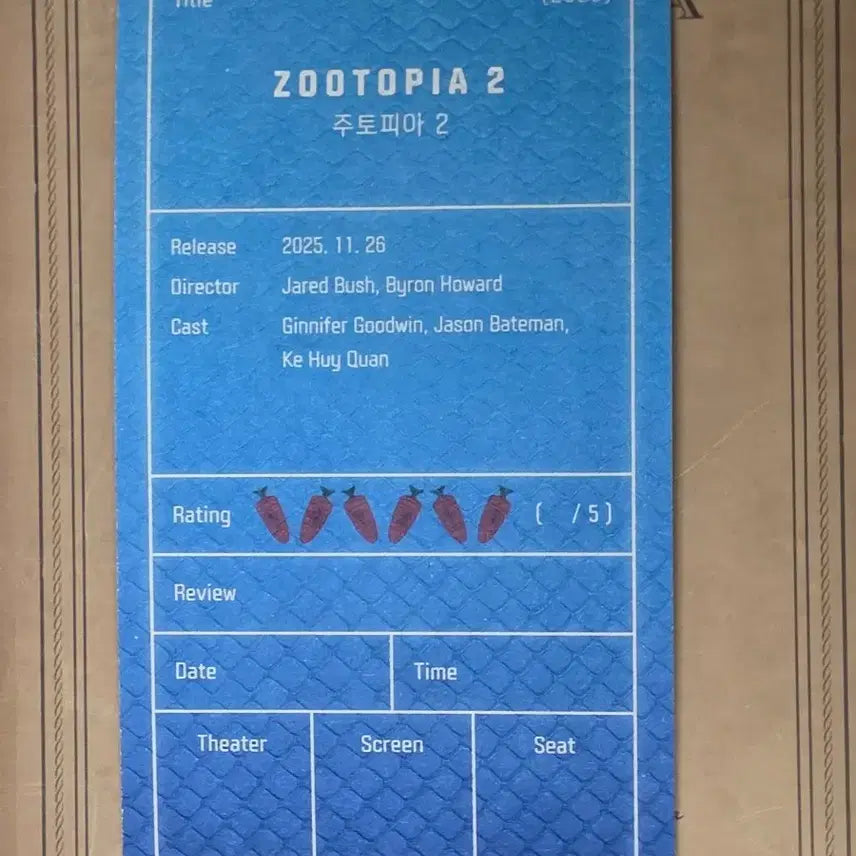 [BUNJANG] Zootopia 2 Original Ticket / 주토피아 2 오리지날 티켓