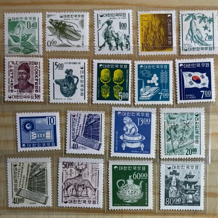 [BUNJANG] 1966-1969 Korean National White Stamp Set (18 Types) / 제2차국산백지18종, 단편우표, 보통우표, 1966-1969년