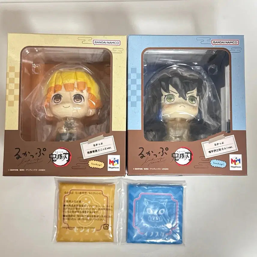 [BUNJANG] Demon Slayer Look Up Figure Zenitsu &amp; Inosuke Set (Mung Version) with Bonus Cushion (Sealed) / 귀멸의 칼날 룩업 피규어 특전 포함 젠이츠 이노스케 뭉버전 2종 세트 미개봉