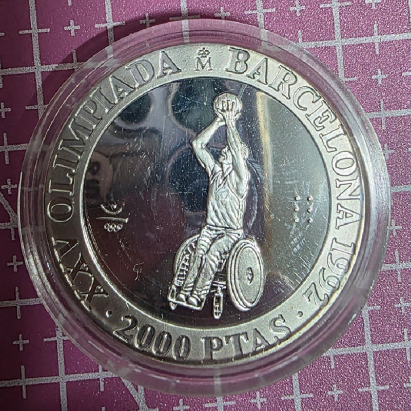[BUNJANG] Spain 1992 Barcelona Paralympics Commemorative 2000 Peseta Silver Coin - Wheelchair Basketball / 스페인 1992년 바르셀로나 장애인 올림픽 기념 2000페세타 은화 휠체어 농구