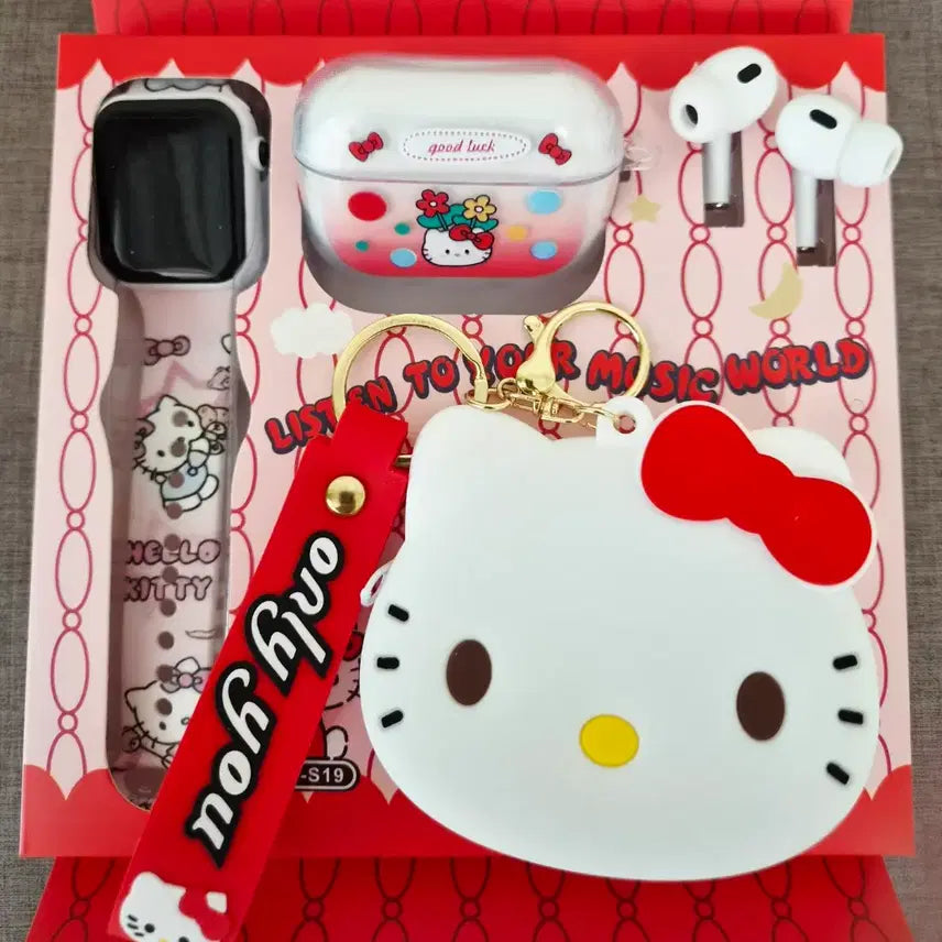 [BUNJANG] Hello Kitty Wireless Earphone Set with Case, Keychain, and Digital Watch / 헬로키티 무선이어폰 세트