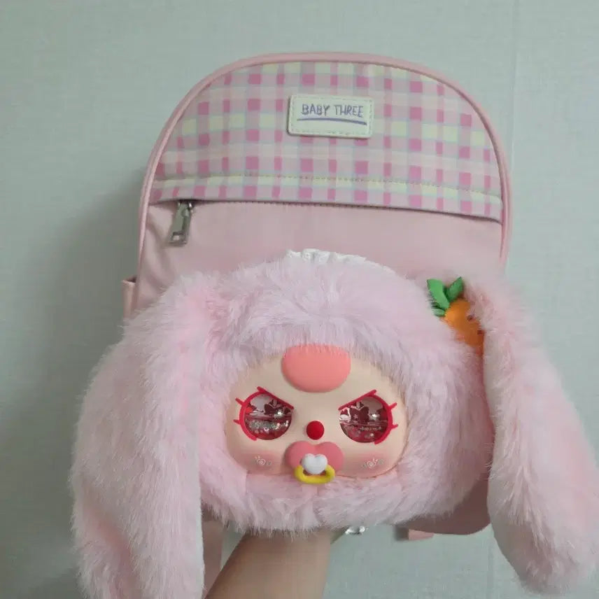 [BUNJANG] Baby Three Pink Plaid Backpack with Rabbit Pouch / 베이비쓰리 백팩 가방 시크