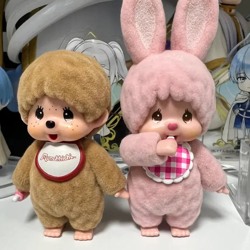 [BUNJANG] Monchhichi Pink &amp; Brown Flocked Figure Set / 몬치치 핑크 / 브라운 플로키피규어 2종 일괄