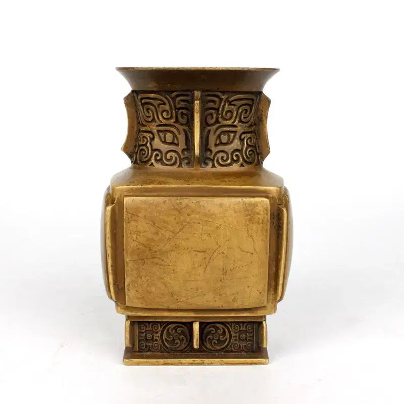 [BUNJANG] Brass Archaistic Ritual Bronze Vase / 황동괴면문사각향꽃병