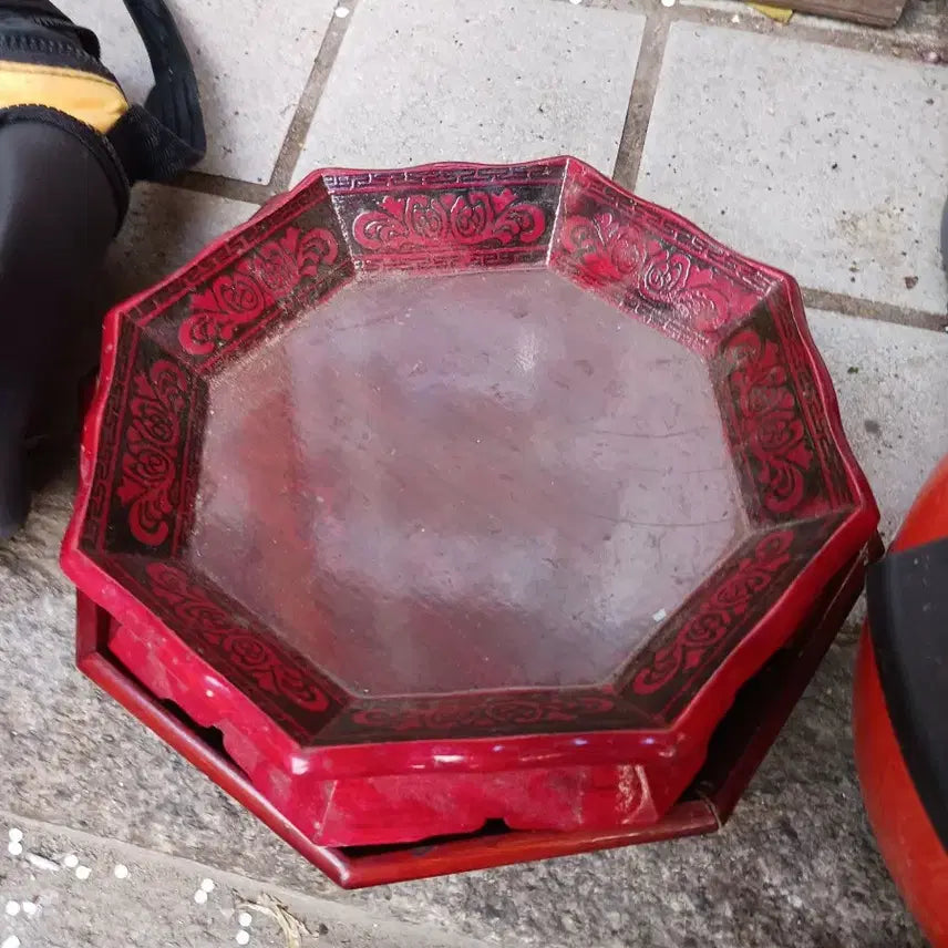 [BUNJANG] Korean Traditional Octagonal Serving Tray with Sweet Box - Set of 2 / 팔각 쟁반 붉은색 다과함 2개 가로 23.27 2개