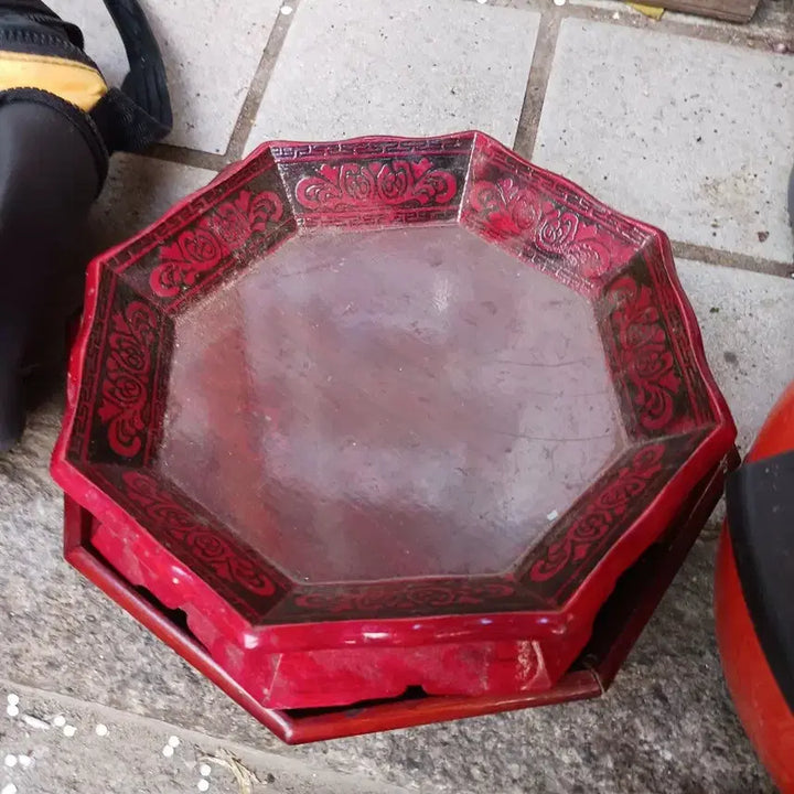 [BUNJANG] Korean Traditional Octagonal Serving Tray with Sweet Box - Set of 2 / 팔각 쟁반 붉은색 다과함 2개 가로 23.27 2개