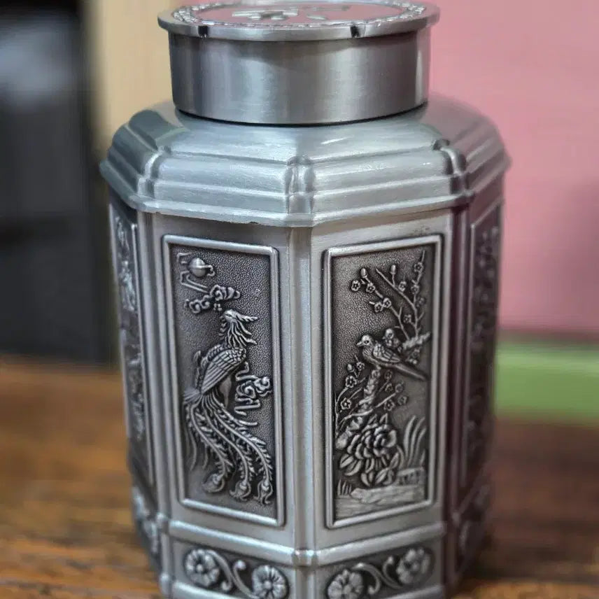 [BUNJANG] Octagonal Pewter Tea Caddy with Dragon and Phoenix Motif / 팔각 주석 차통(용, 봉황 문양)(새제품)