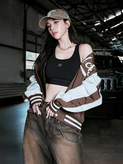 Women's Basic Lettering Band Accentuated Cropped Top NY (Black)