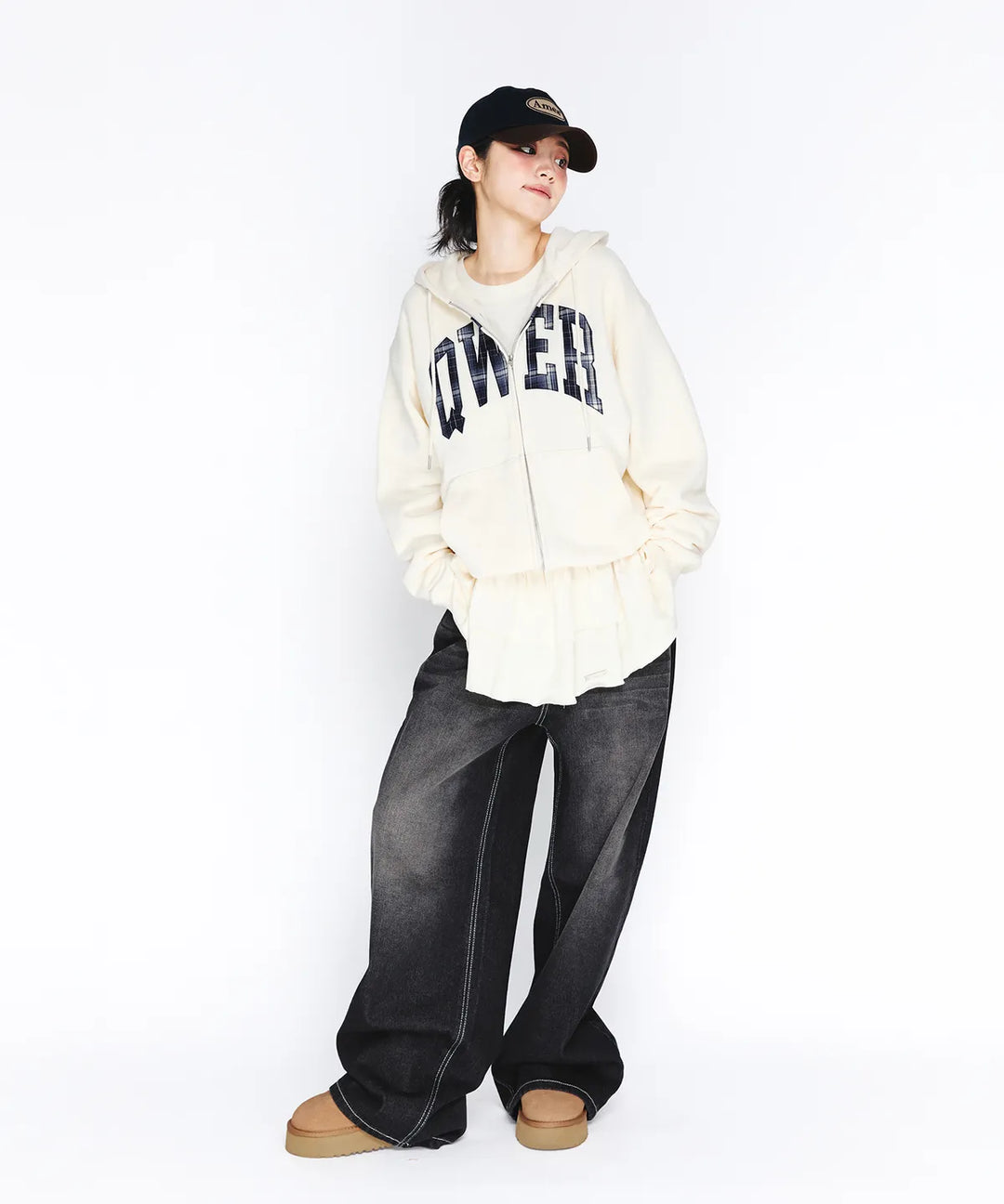 **QWER -Ames-Worldwide  QWER BASIC APPLIQUE HOODIE ZIP-UP CREAM