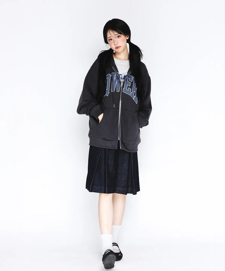 **QWER -Ames-Worldwide  QWER BASIC APPLIQUE HOODIE ZIP-UP DEEP CHARCOAL