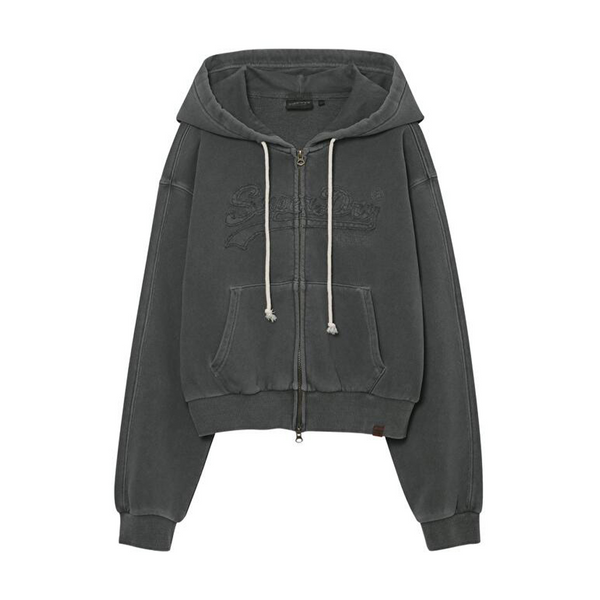 Superdry ILLIT -[Super Dry] Women's Vintage Applique Zip-Up Hoodie Dark Gray