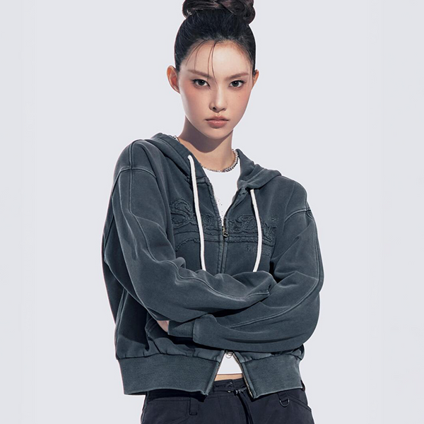 Superdry ILLIT -[Super Dry] Women's Vintage Applique Zip-Up Hoodie Dark Gray